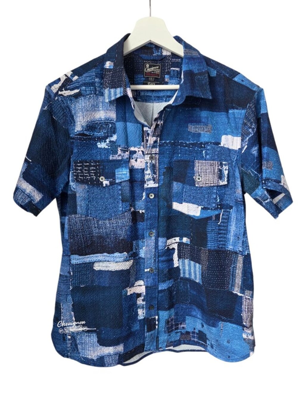 Chevignon Vintage 57 Patchwork Blue Print Button-Up Short Sleeve Shirt Large